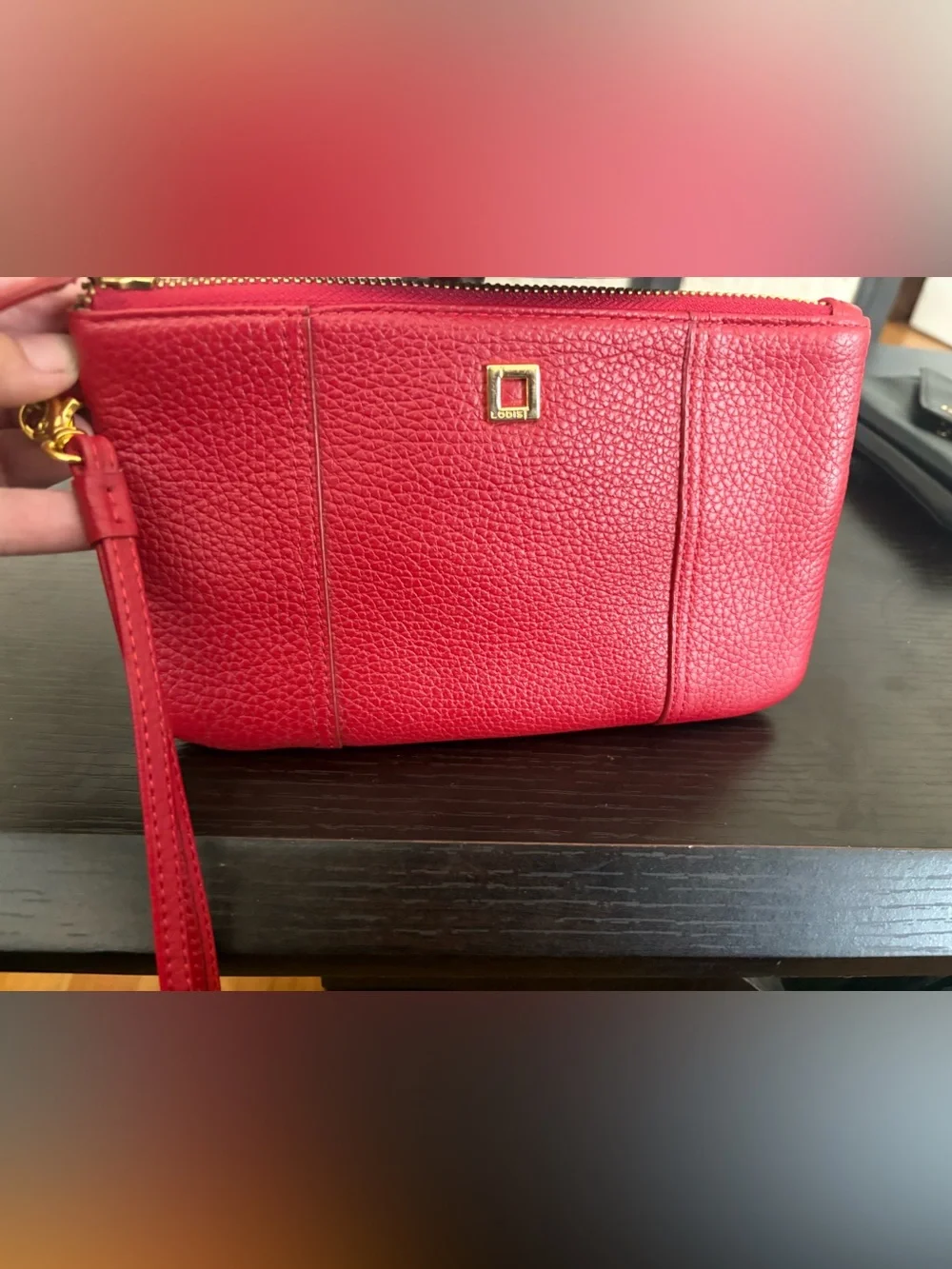 Lodis Pebbled Leather Red Wristlet Clutch with Gold Accent